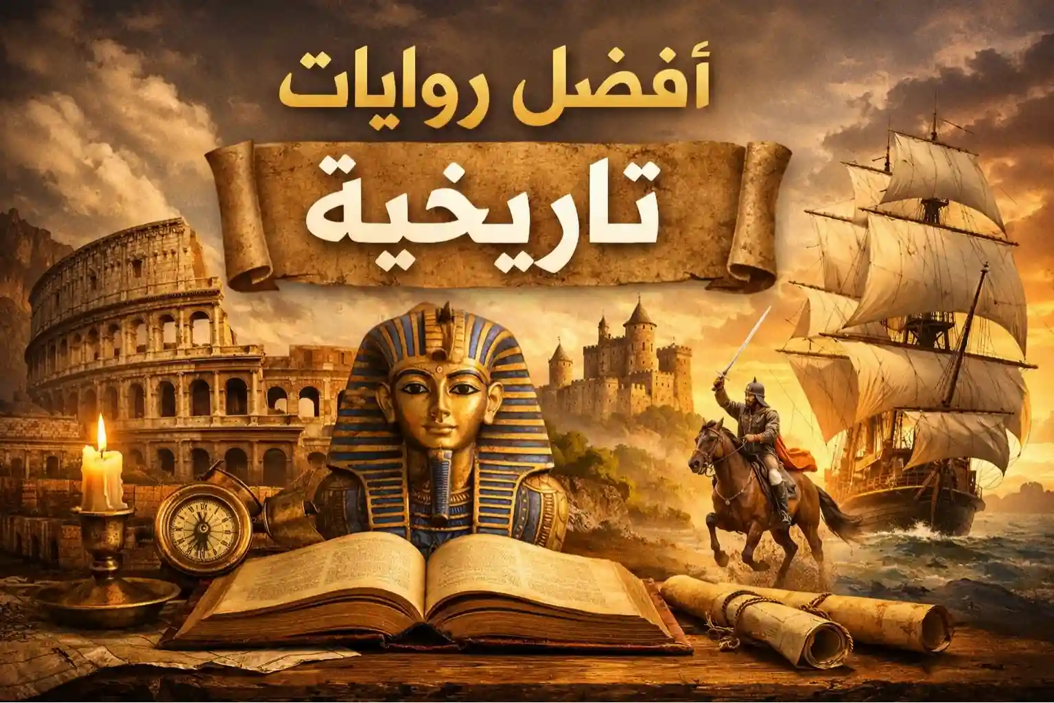 معالم أثرية وفارس على حصان مع كلمة افضل روايات تاريخية