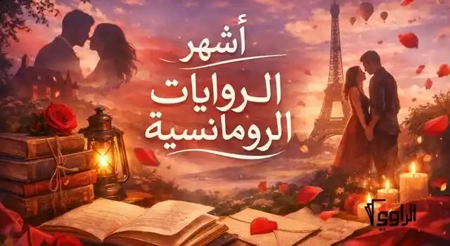 تصميم رومانسي يضم كتابًا مفتوحًا وأجواء شاعرية مع برج إيفل وزهور حمراء، يحمل عنوان «أشهر الروايات الرومانسية» وشعار الراوي.