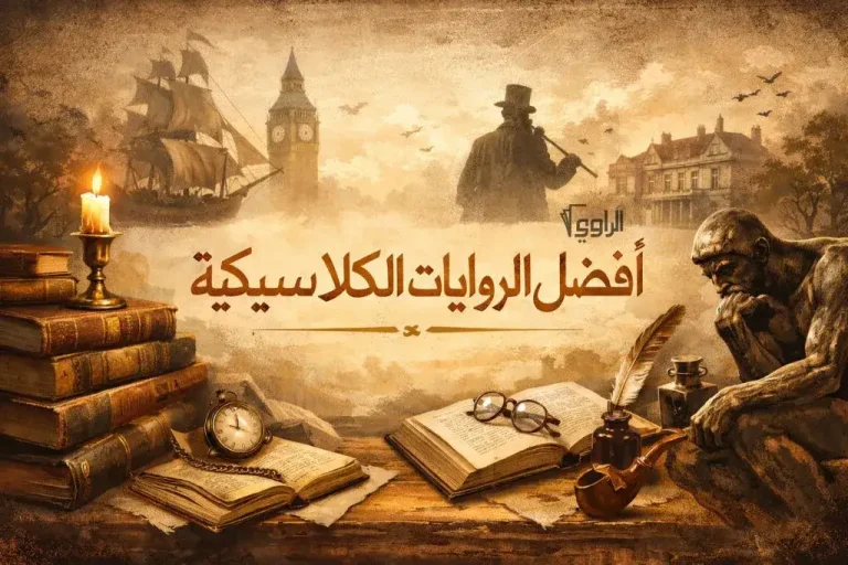 عبارة أفضل الروايات الكلاسيكية مع خلفية تراجيدية تحتوي شخص جالس بجانب كراس وبجانبه مجموعة كتب ولقطة من الخلف لرجل يرتدي قبعة بجانبه منزل كلاسيكي وساعة بيغ بين وسفينة شراعية