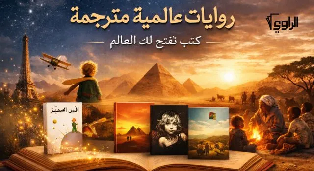 تصميم فني لروايات عالمية مترجمة يضم الأمير الصغير والخيميائي والبؤساء مع خلفية ثقافية عالمية